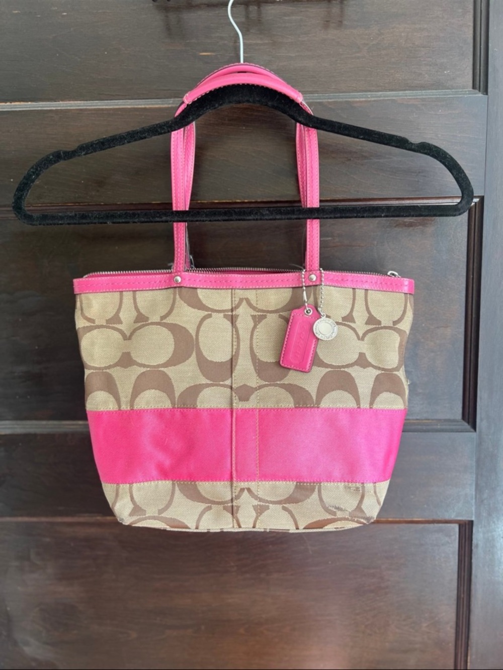 Coach Brown Signature Canvas Tote with Hot Pink Trim
